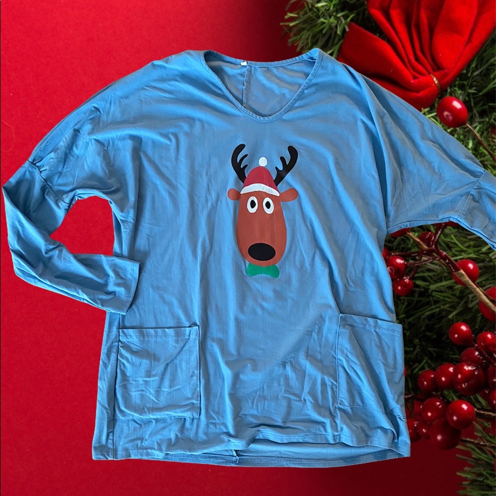Rudolph Christmas Blue Tunic with Pockets
